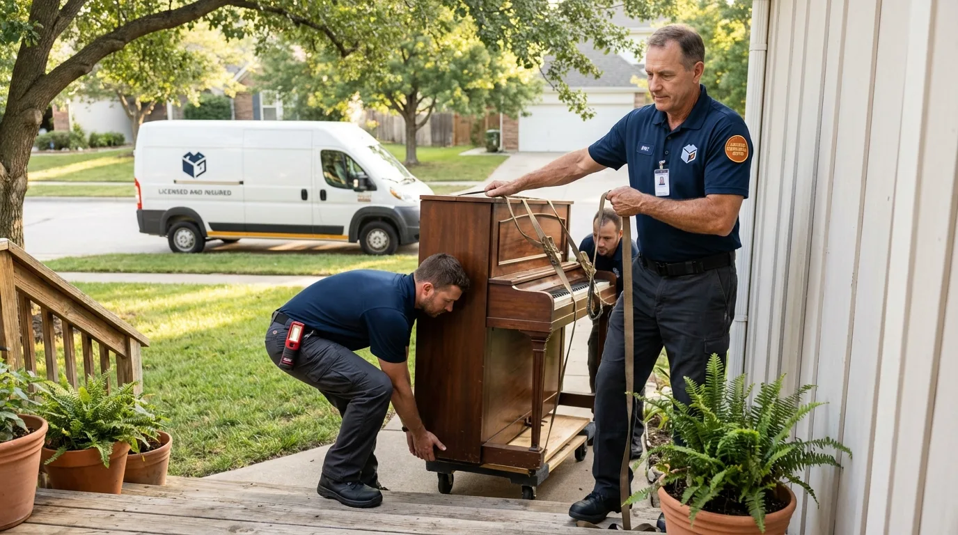 Licensed piano movers securing grand piano in Portsmouth, VA
