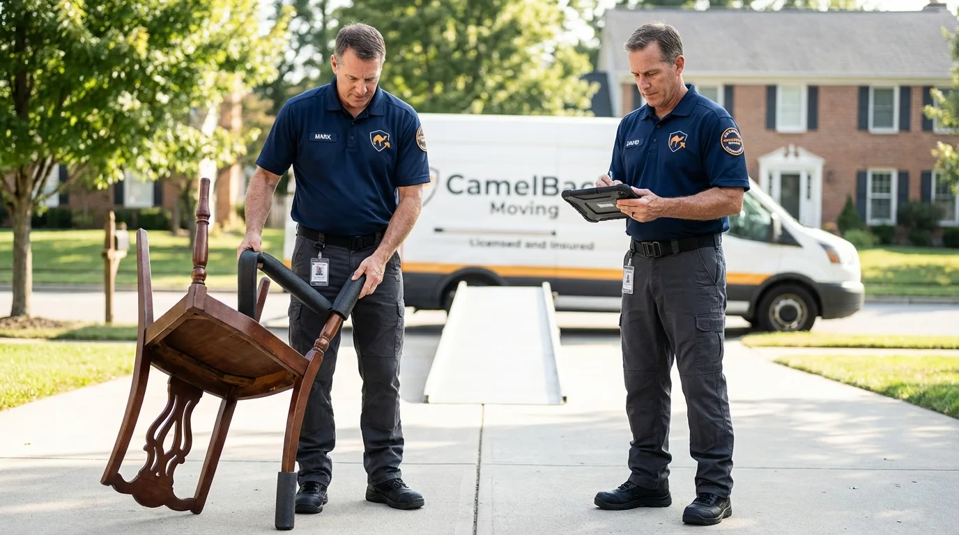 Movers inspecting furniture for damage prevention before loading in Portsmouth, VA