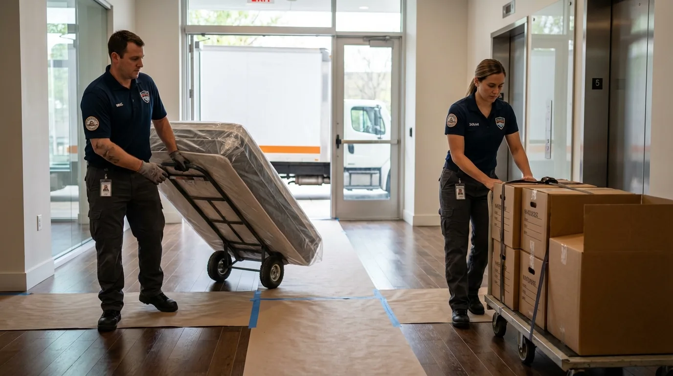 Professional apartment movers loading elevator in Portsmouth, VA