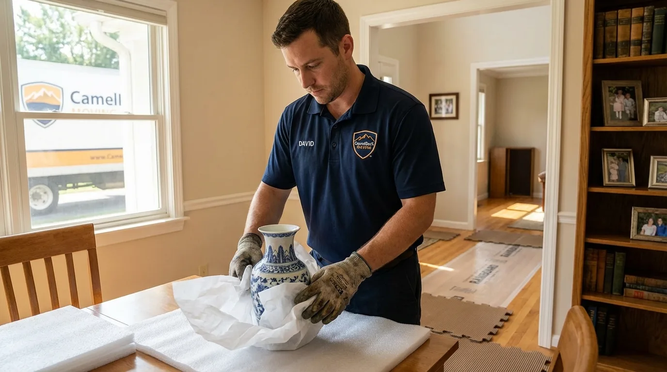 Professional crew carefully wrapping antique vase for senior downsizing move in Portsmouth, VA
